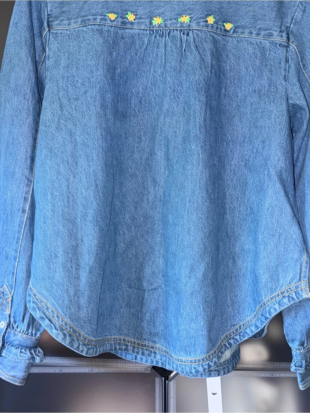 Free People Robin Pintuck Denim Shirt Pleated Ruffle Cuffs Light Wash M NWT